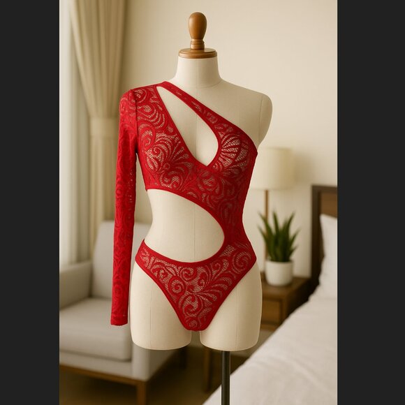 Frederick's of Hollywood Bodysuit MEDIUM Red Lace Kerry One Sleeve Cut-Out NWT - Picture 1 of 9